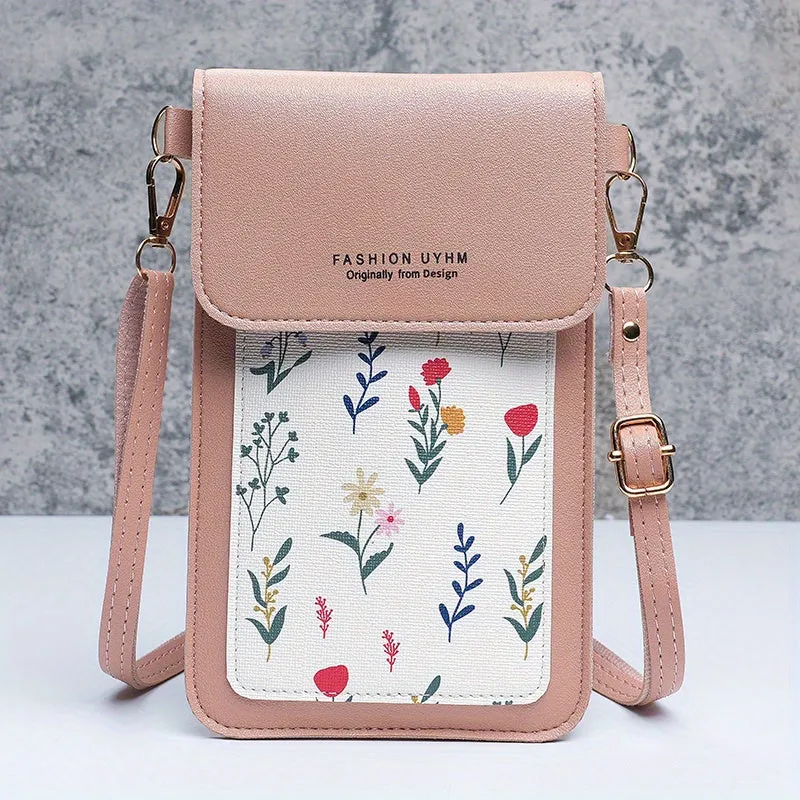 Touch Screen Mobile Phone Bag, Small Floral Pattern Crossbody Bag, Women's Shoulder Wallet & Coin Purse