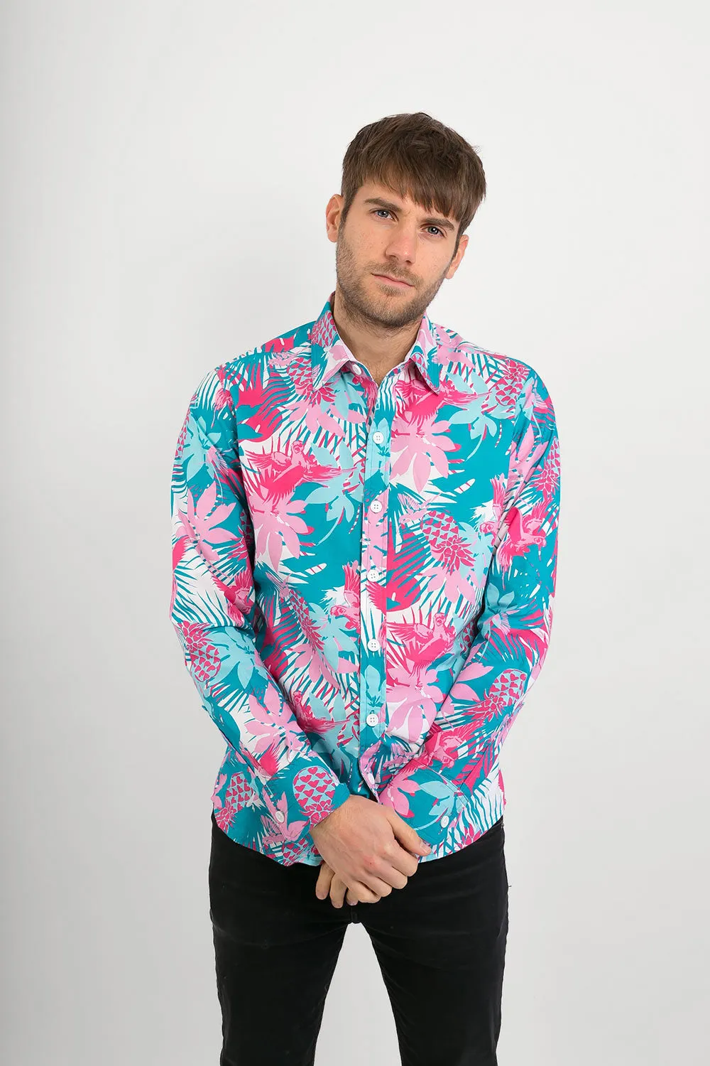 Tropical Bird Print Cotton Slim Fit Mens Shirt Long Sleeve