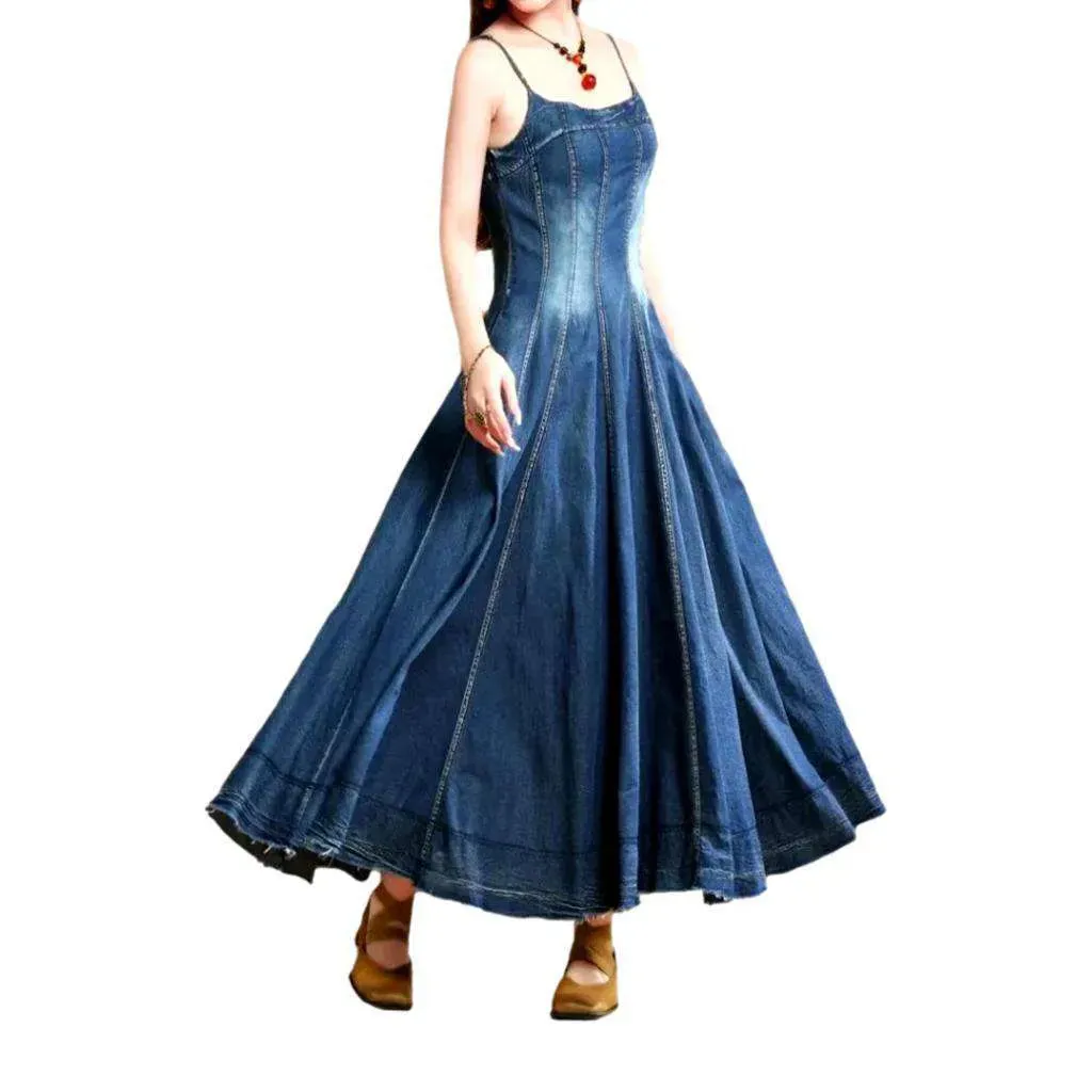 V-neck flared boho jean dress