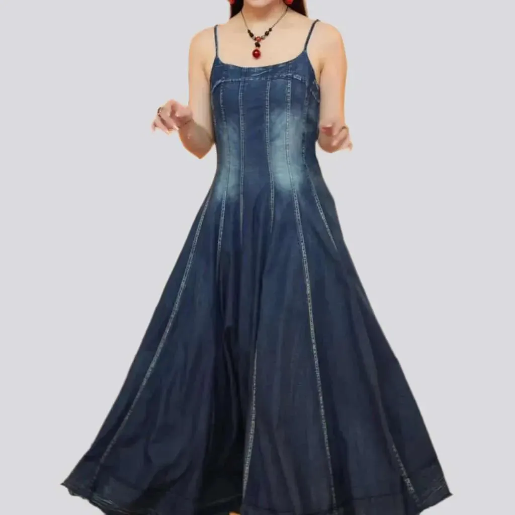 V-neck flared boho jean dress