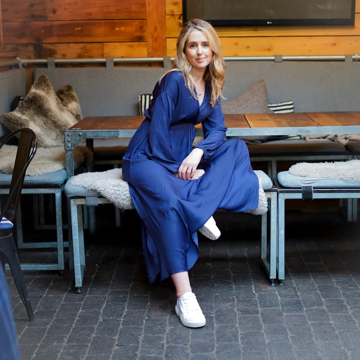 V-neck Long Sleeved Maxi Dress Navy