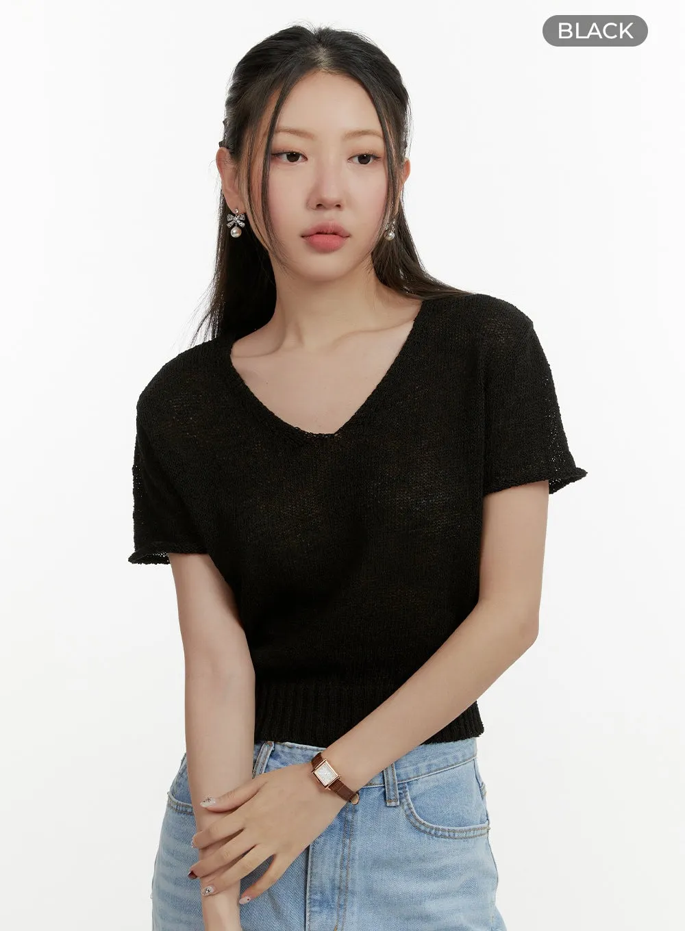 V-Neck Short Sleeve Knit Crop Top OY413