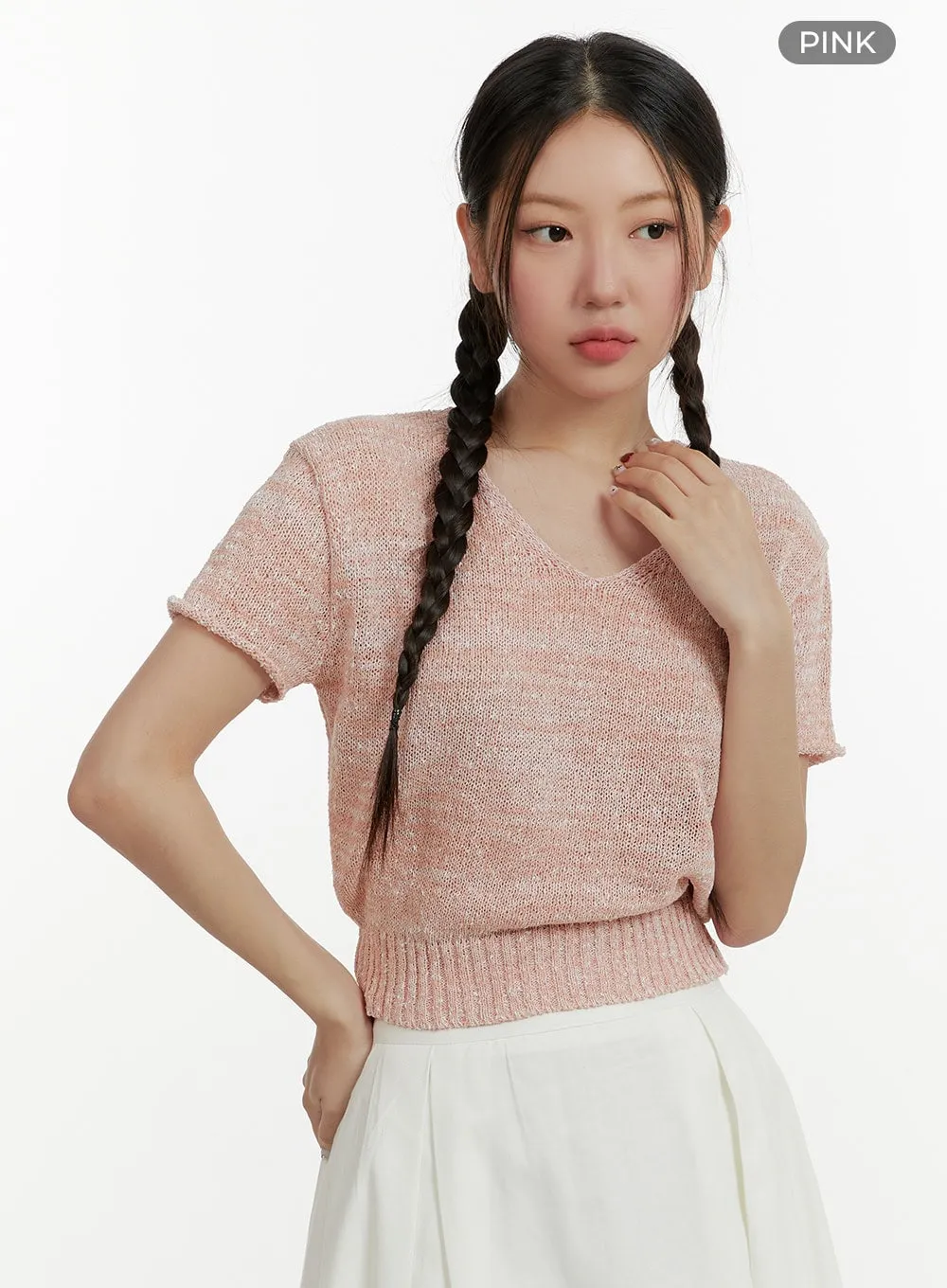 V-Neck Short Sleeve Knit Crop Top OY413