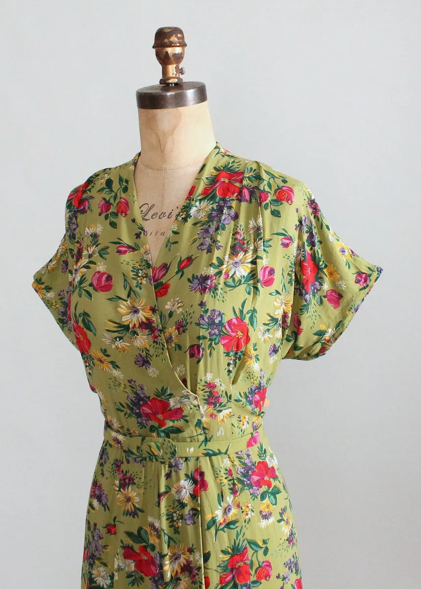 Vintage 1940s Green Floral Rayon Day Dress