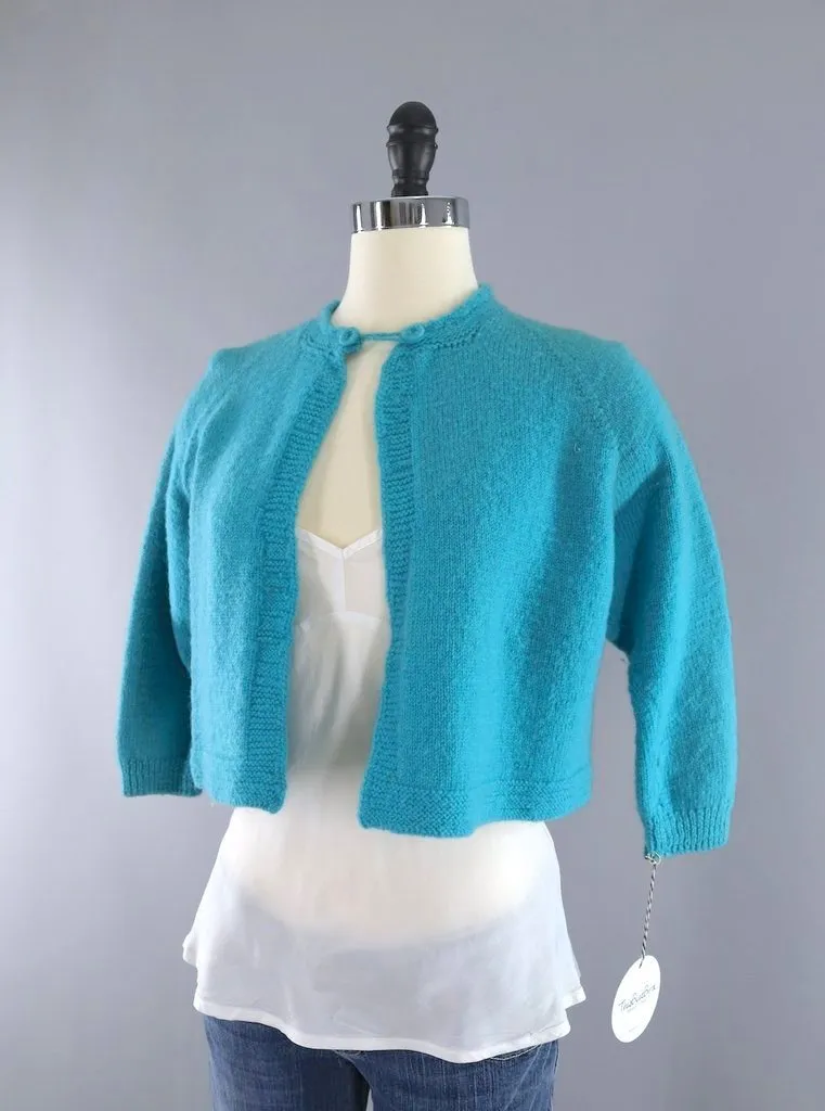 Vintage Aqua Blue Wool Cropped Cardigan Sweater