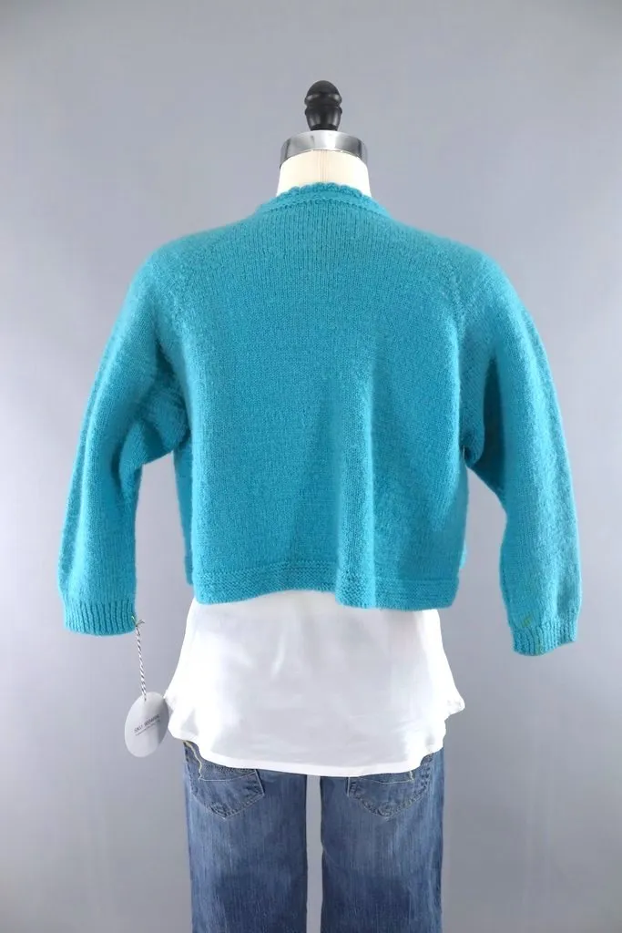 Vintage Aqua Blue Wool Cropped Cardigan Sweater