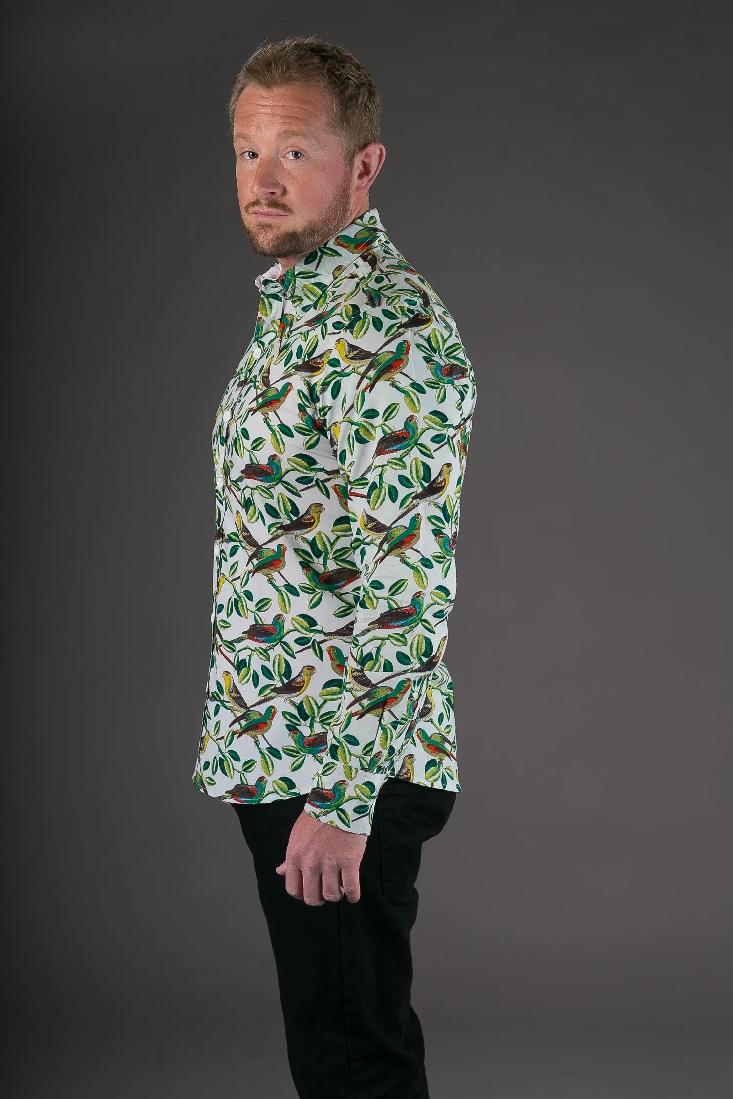 White Birds Floral Print Cotton Slim Fit Mens Shirt Long Sleeve