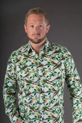 White Birds Floral Print Cotton Slim Fit Mens Shirt Long Sleeve