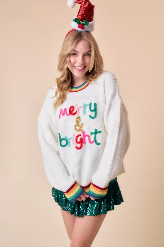 White Merry & Bright Sparkle Letter Rainbow Rib Sweater