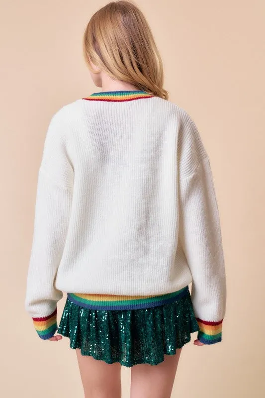 White Merry & Bright Sparkle Letter Rainbow Rib Sweater