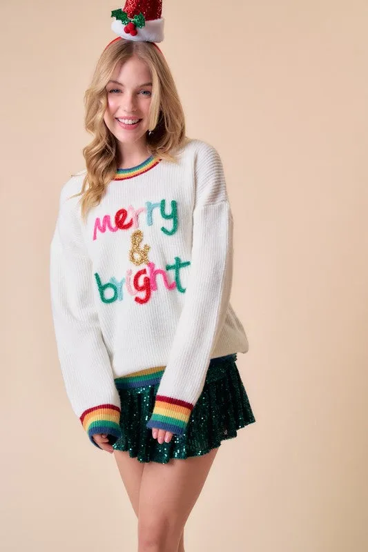 White Merry & Bright Sparkle Letter Rainbow Rib Sweater