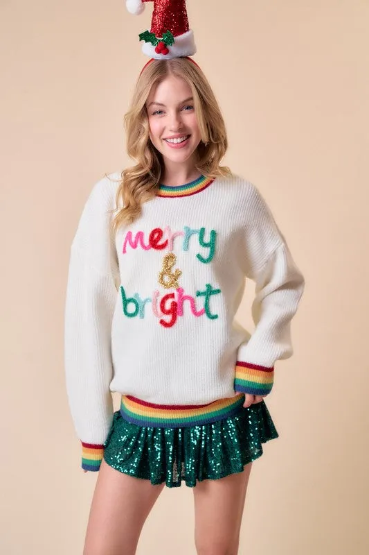 White Merry & Bright Sparkle Letter Rainbow Rib Sweater