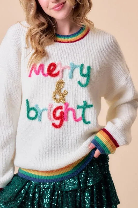 White Merry & Bright Sparkle Letter Rainbow Rib Sweater