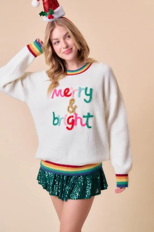 White Merry & Bright Sparkle Letter Rainbow Rib Sweater