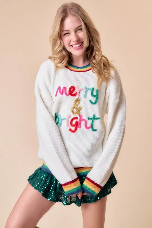 White Merry & Bright Sparkle Letter Rainbow Rib Sweater