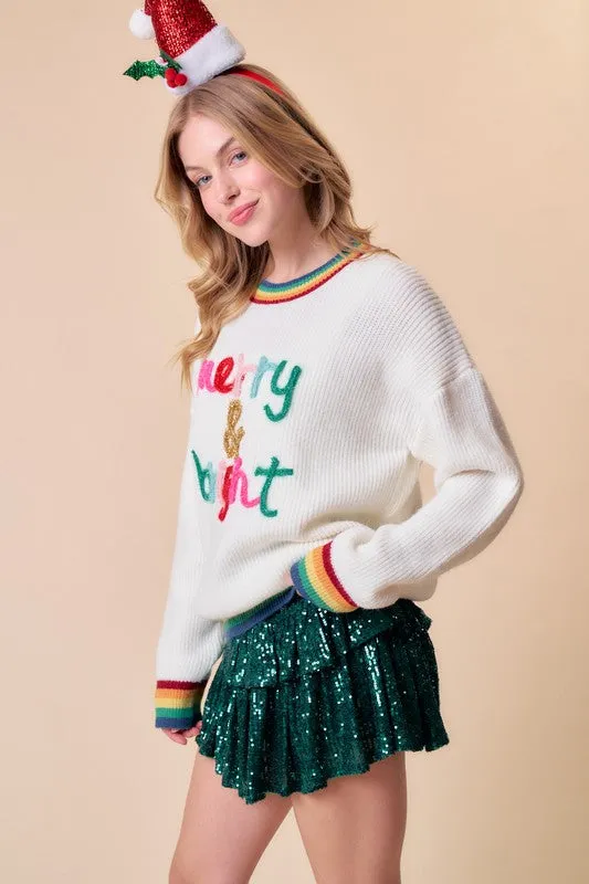 White Merry & Bright Sparkle Letter Rainbow Rib Sweater