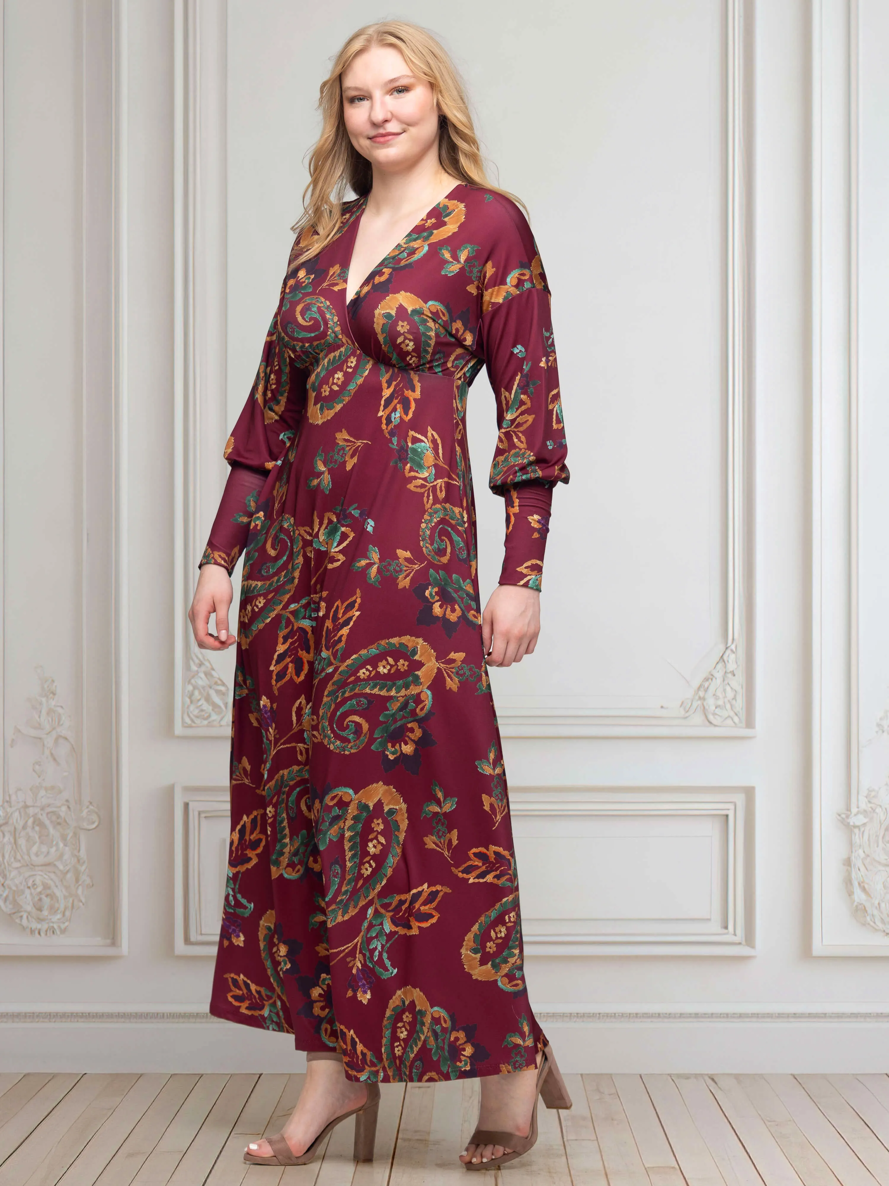 Wine Paisley Print Bishop Sleeve A Line Maxi Dress