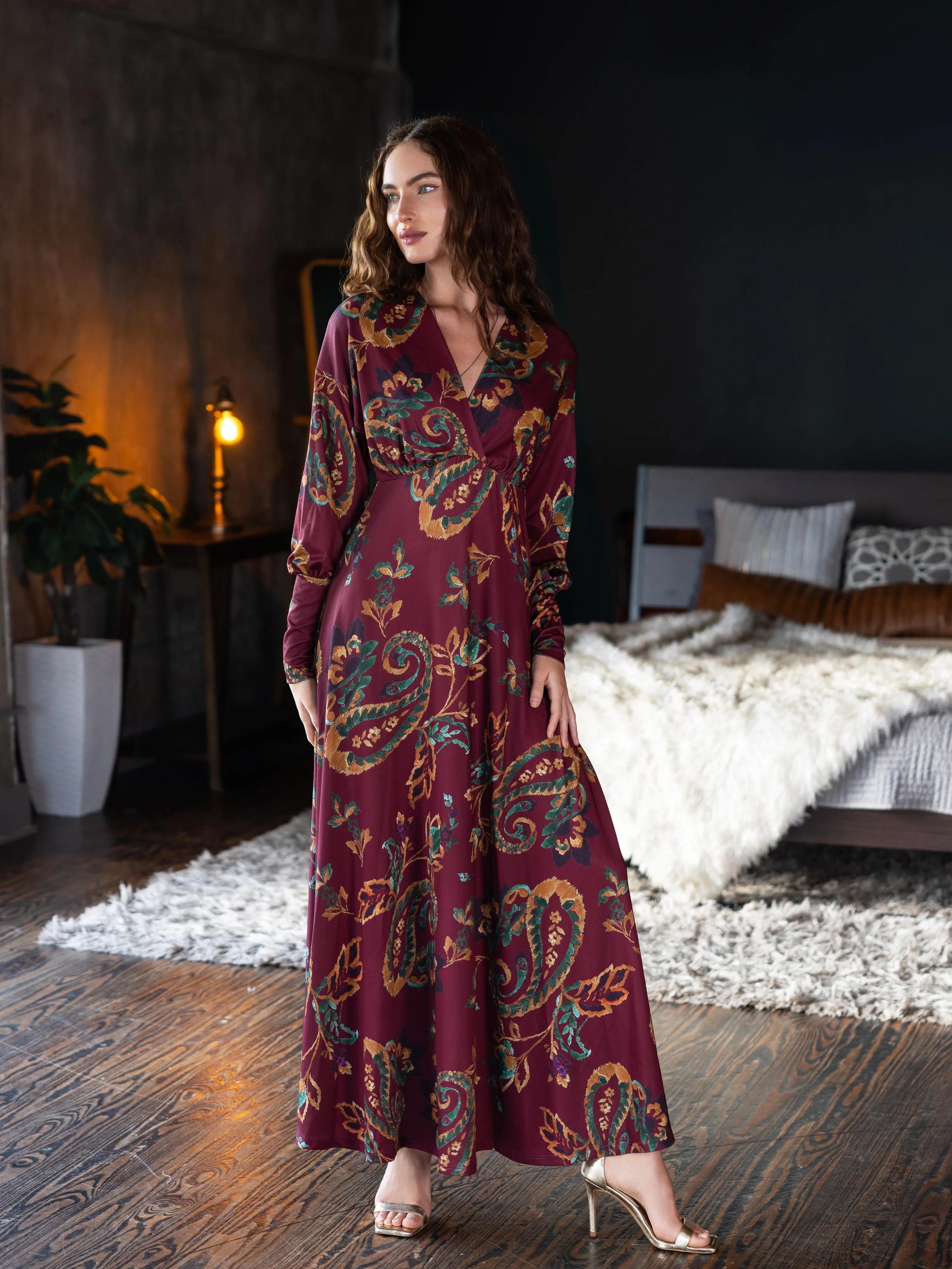 Wine Paisley Print Bishop Sleeve A Line Maxi Dress