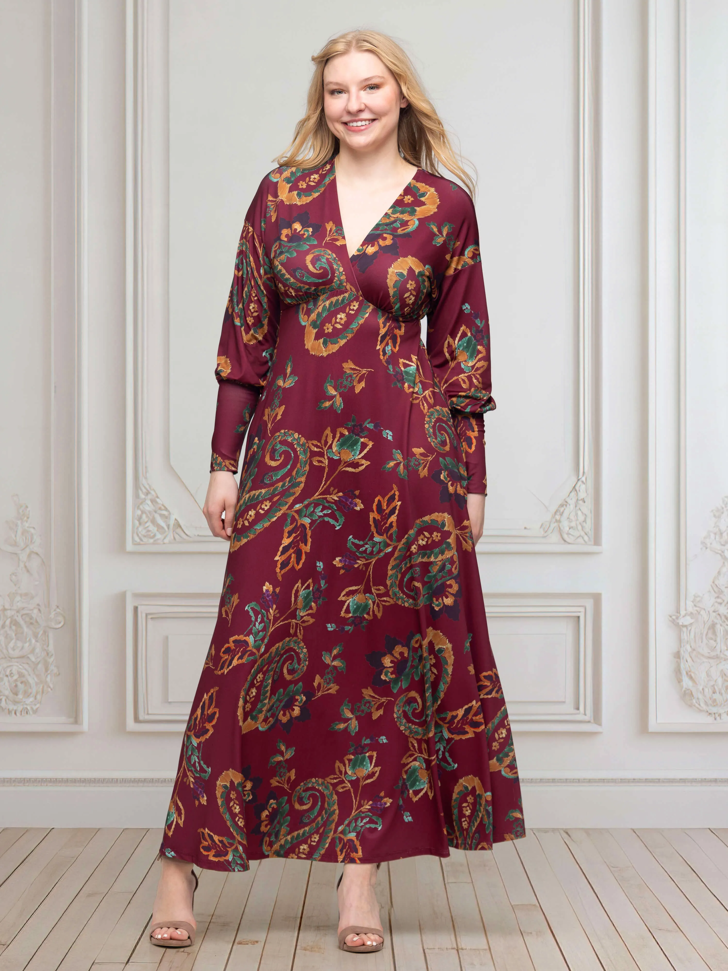 Wine Paisley Print Bishop Sleeve A Line Maxi Dress