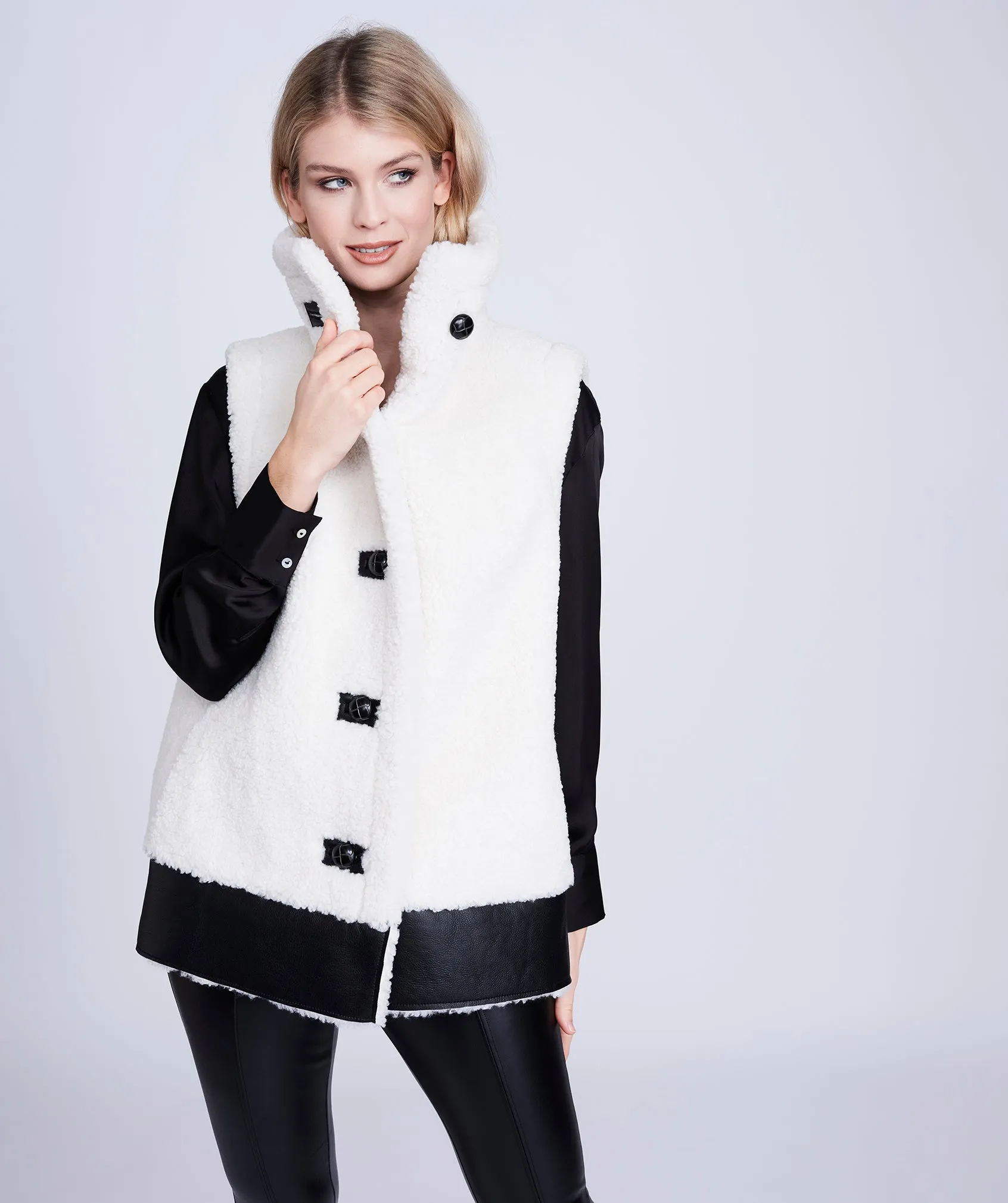 Winter White Borg Gilet with Faux Leather Details and Button Closure