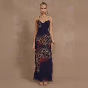 Women Clothing Sexy Backless Shoulder Strap Leopard Print Floral Print Dark Long Sling Dress