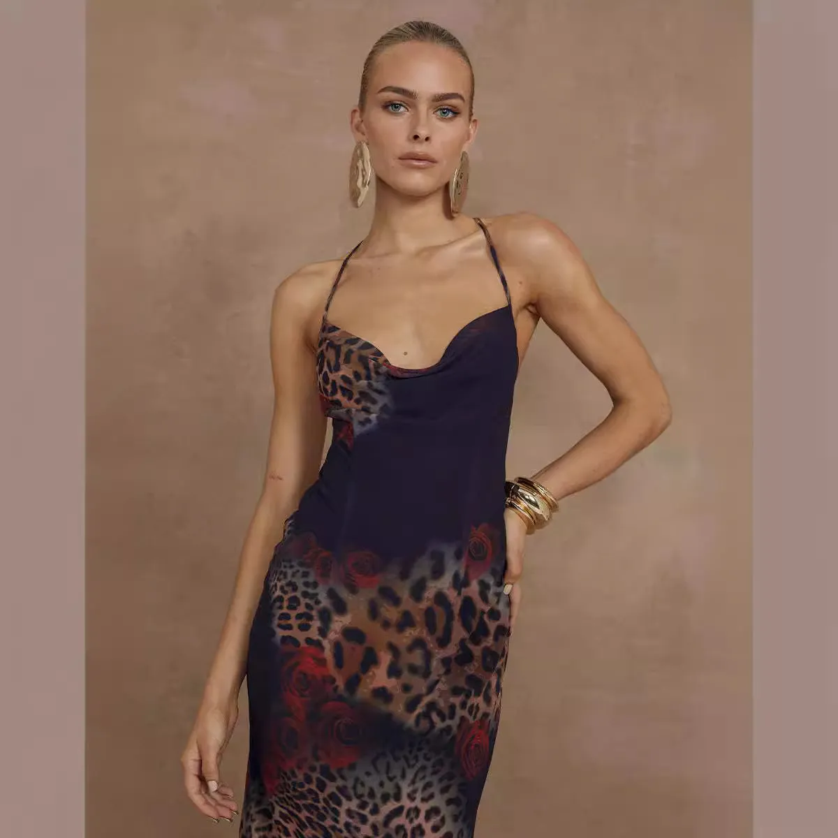 Women Clothing Sexy Backless Shoulder Strap Leopard Print Floral Print Dark Long Sling Dress