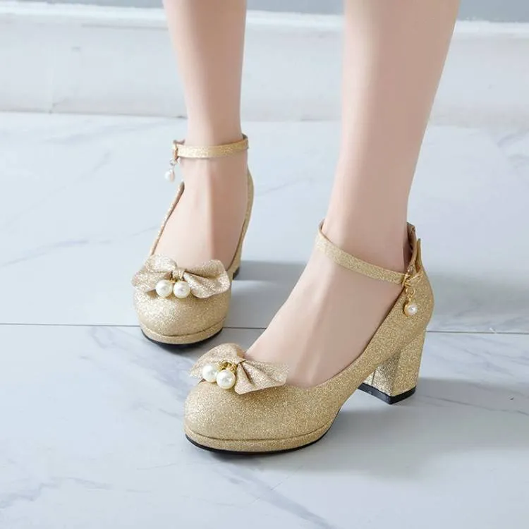 Women Gilet Bow Tie Pearls Shallow Block Chunky Heel Ankle Strap Platform Pumps