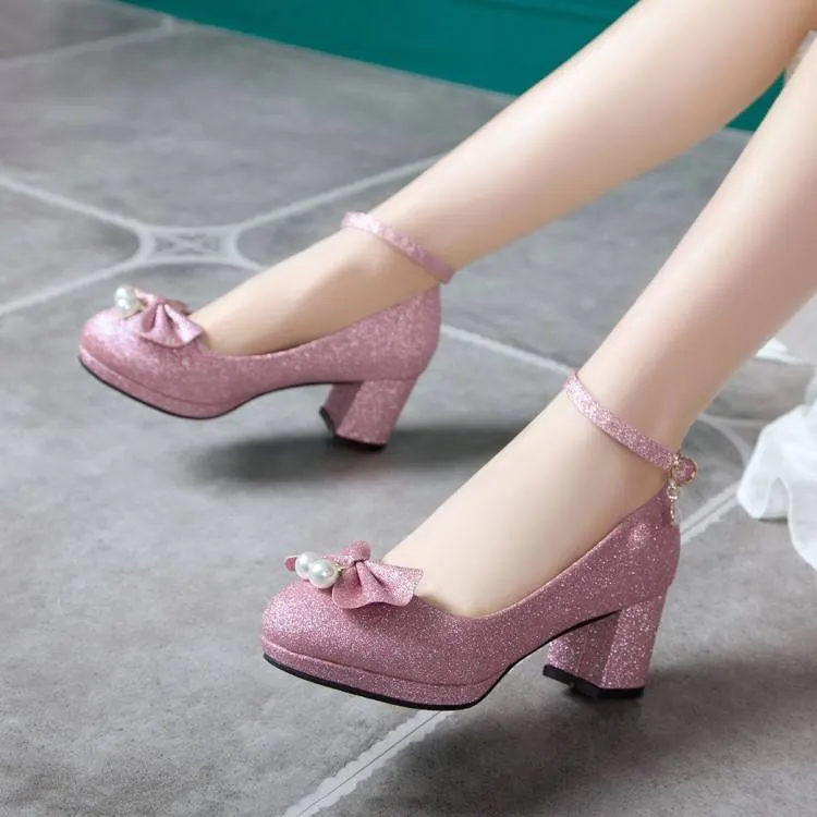 Women Gilet Bow Tie Pearls Shallow Block Chunky Heel Ankle Strap Platform Pumps