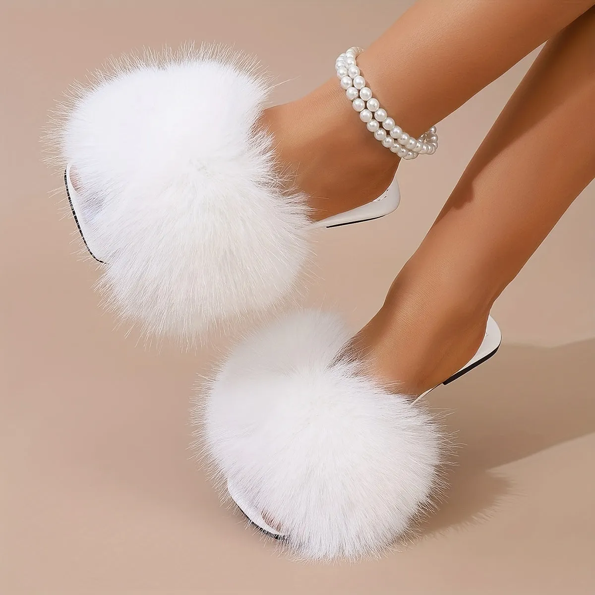 Womens Faux Fur Square Toe Flat Slide Sandals - Soft Polyurethane PU Insole, Lightweight PVC Sole, Strappy Back, Casual Solid Color Summer Shoes - European and North America Special Project