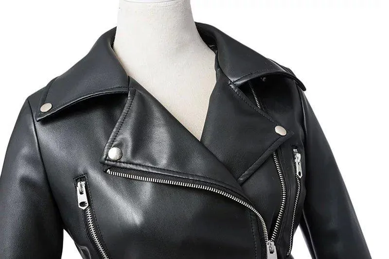 Women's Faux Leather Textured Short Moto Jacket Zip-up PU Biker Coat