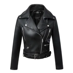 Women's Faux Leather Textured Short Moto Jacket Zip-up PU Biker Coat