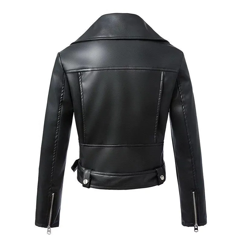 Women's Faux Leather Textured Short Moto Jacket Zip-up PU Biker Coat