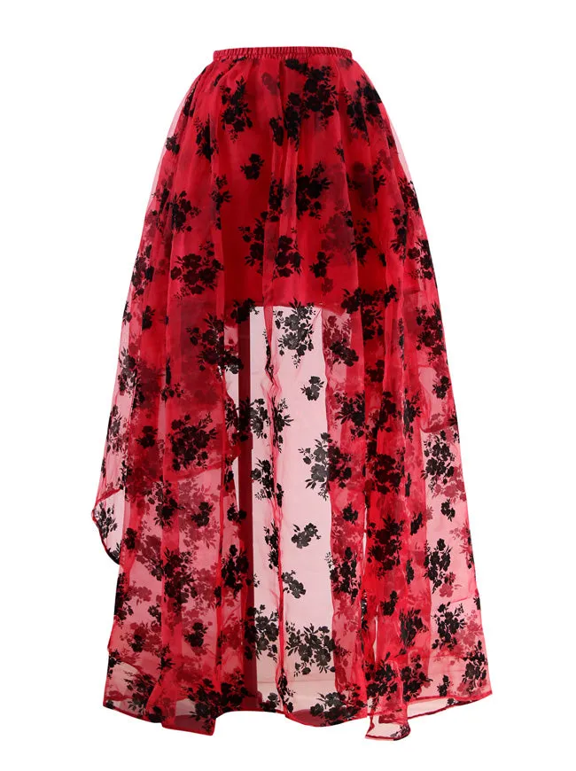 Women's Gothic Red Irregular Multi-layer Floral Print Organza High Low Elegant Flare Maxi Skirt