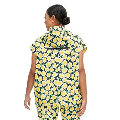 Women's Nylon Packable Yellow Poppy Short Sleeve Hooded Vest - DVF