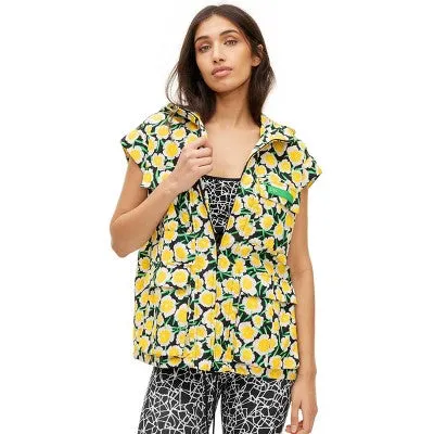 Women's Nylon Packable Yellow Poppy Short Sleeve Hooded Vest - DVF