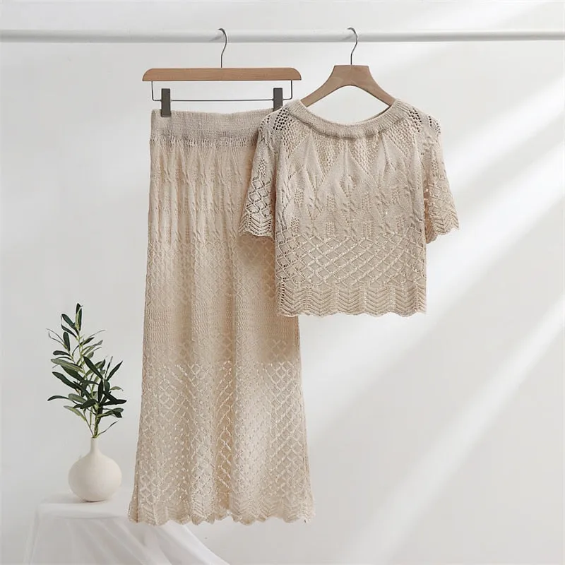 Women's Summer Hollow Out Knitted Lace Blouse and Maxi Skirt Matching Set