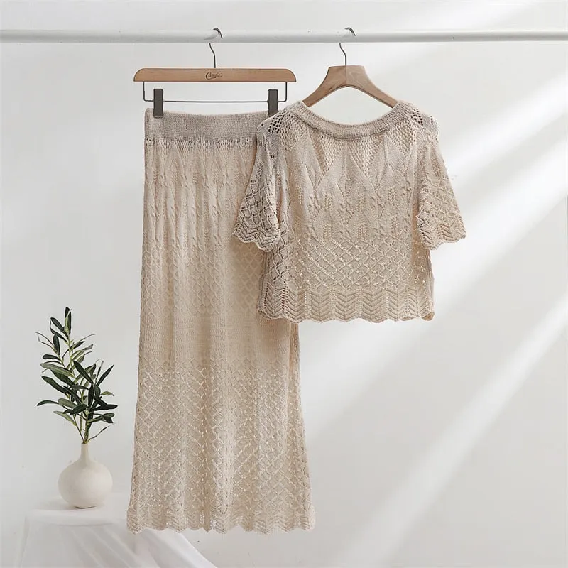 Women's Summer Hollow Out Knitted Lace Blouse and Maxi Skirt Matching Set