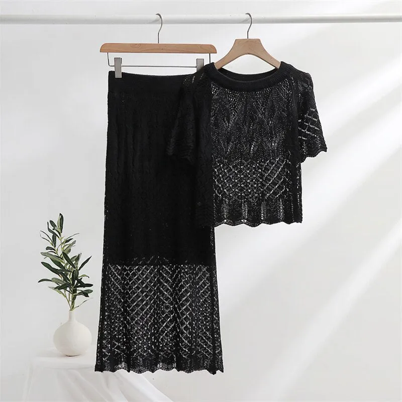 Women's Summer Hollow Out Knitted Lace Blouse and Maxi Skirt Matching Set