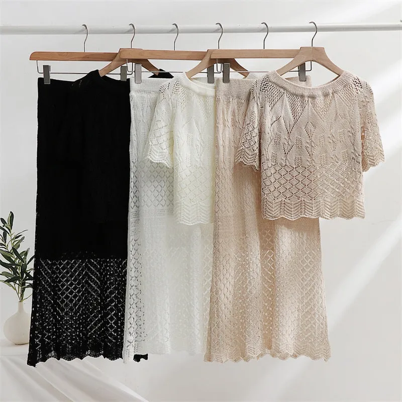 Women's Summer Hollow Out Knitted Lace Blouse and Maxi Skirt Matching Set