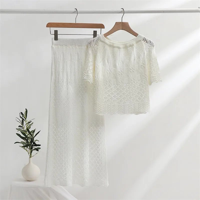 Women's Summer Hollow Out Knitted Lace Blouse and Maxi Skirt Matching Set