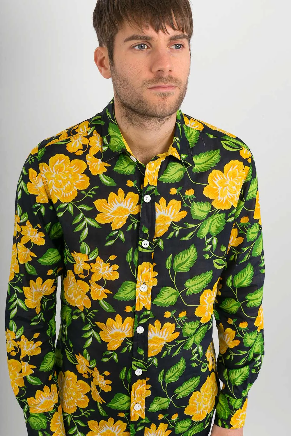 Yellow Black Flowers Print Lightweight Cotton Slim Fit Mens Shirt Long Sleeve