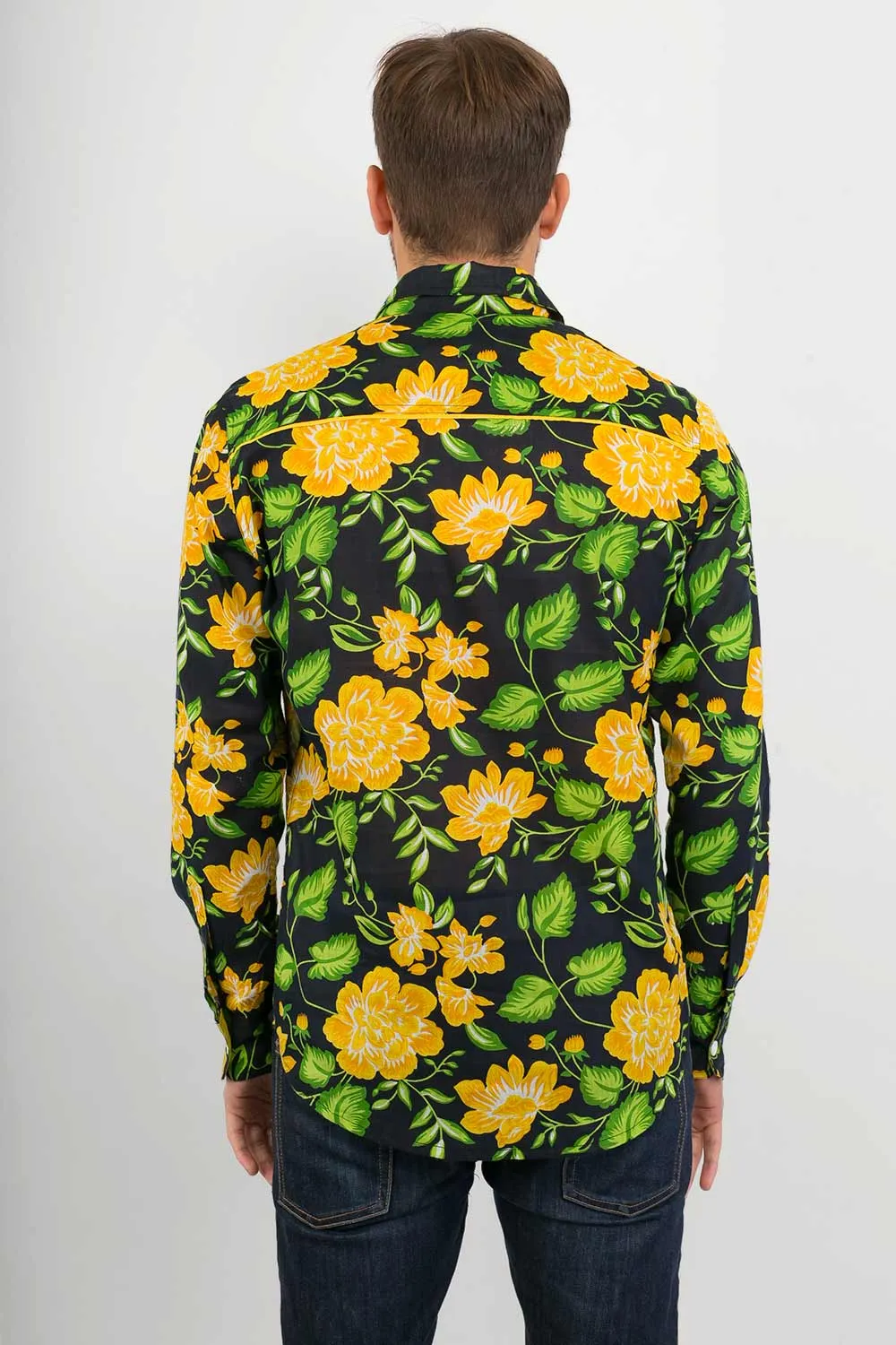 Yellow Black Flowers Print Lightweight Cotton Slim Fit Mens Shirt Long Sleeve