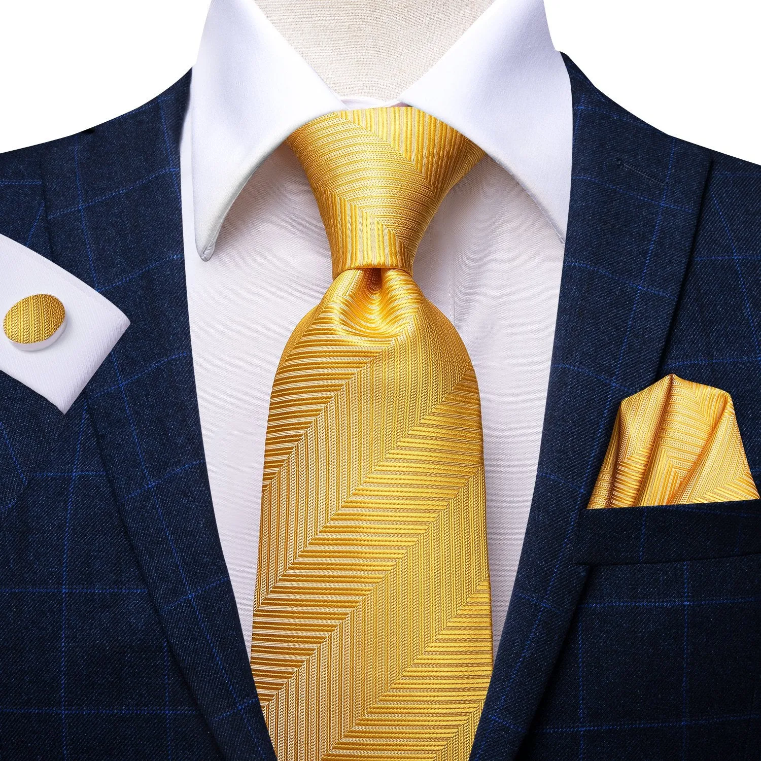 Yellow Color Striped Tie Handkerchief Cufflinks Set with Brooch