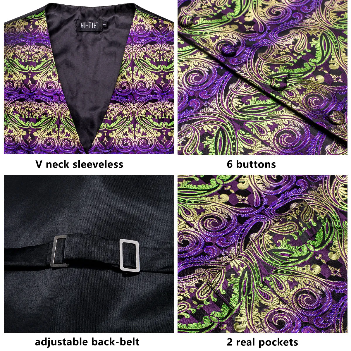 Yellow Green Purple Paisley Silk Men's Vest Hanky Cufflinks Tie Set Waistcoat Suit Set