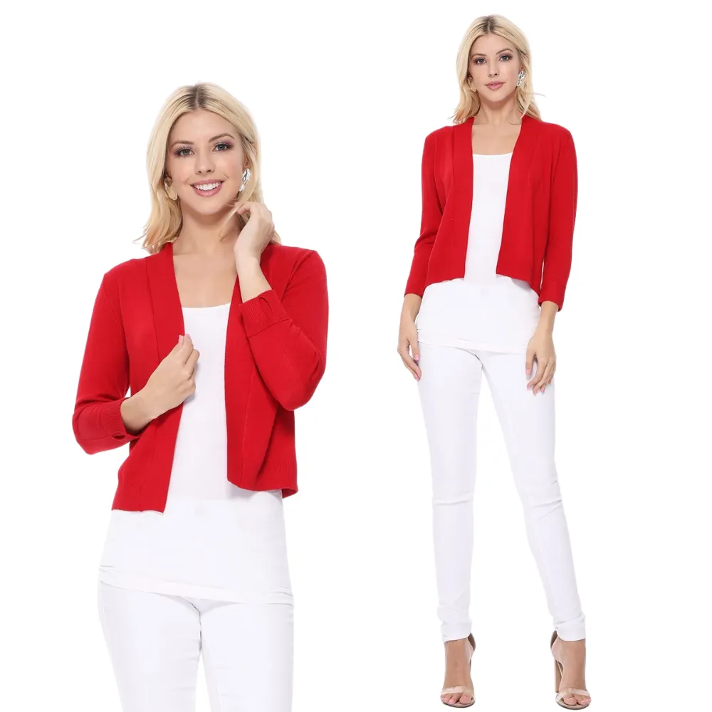 YEMAK Women's Classic 3/4 Sleeve Open Front Cropped Bolero Cardigan MK3558 (S-L)