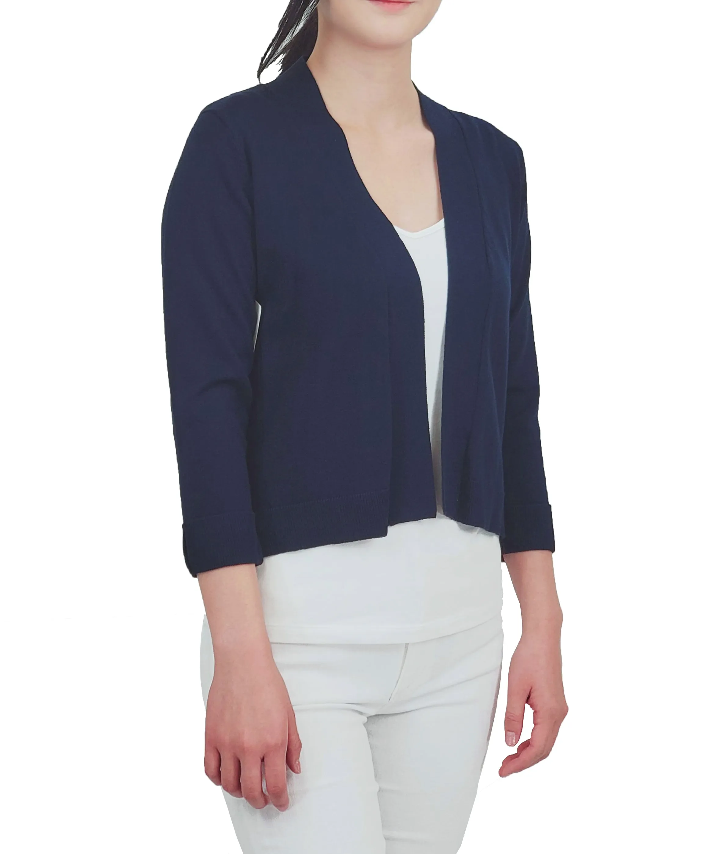 YEMAK Women's Classic 3/4 Sleeve Open Front Cropped Bolero Cardigan MK3558 (S-L)