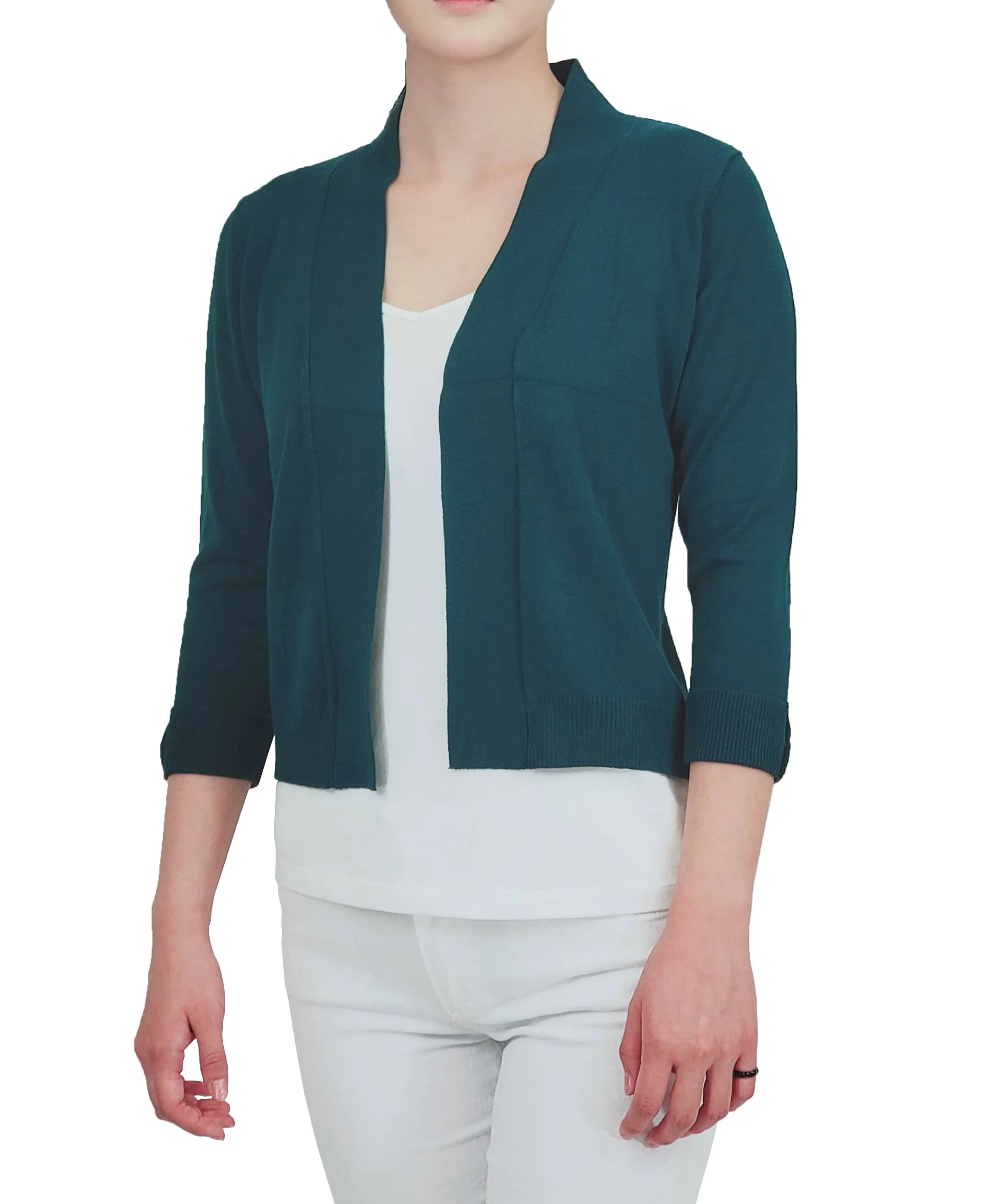 YEMAK Women's Classic 3/4 Sleeve Open Front Cropped Bolero Cardigan MK3558 (S-L)