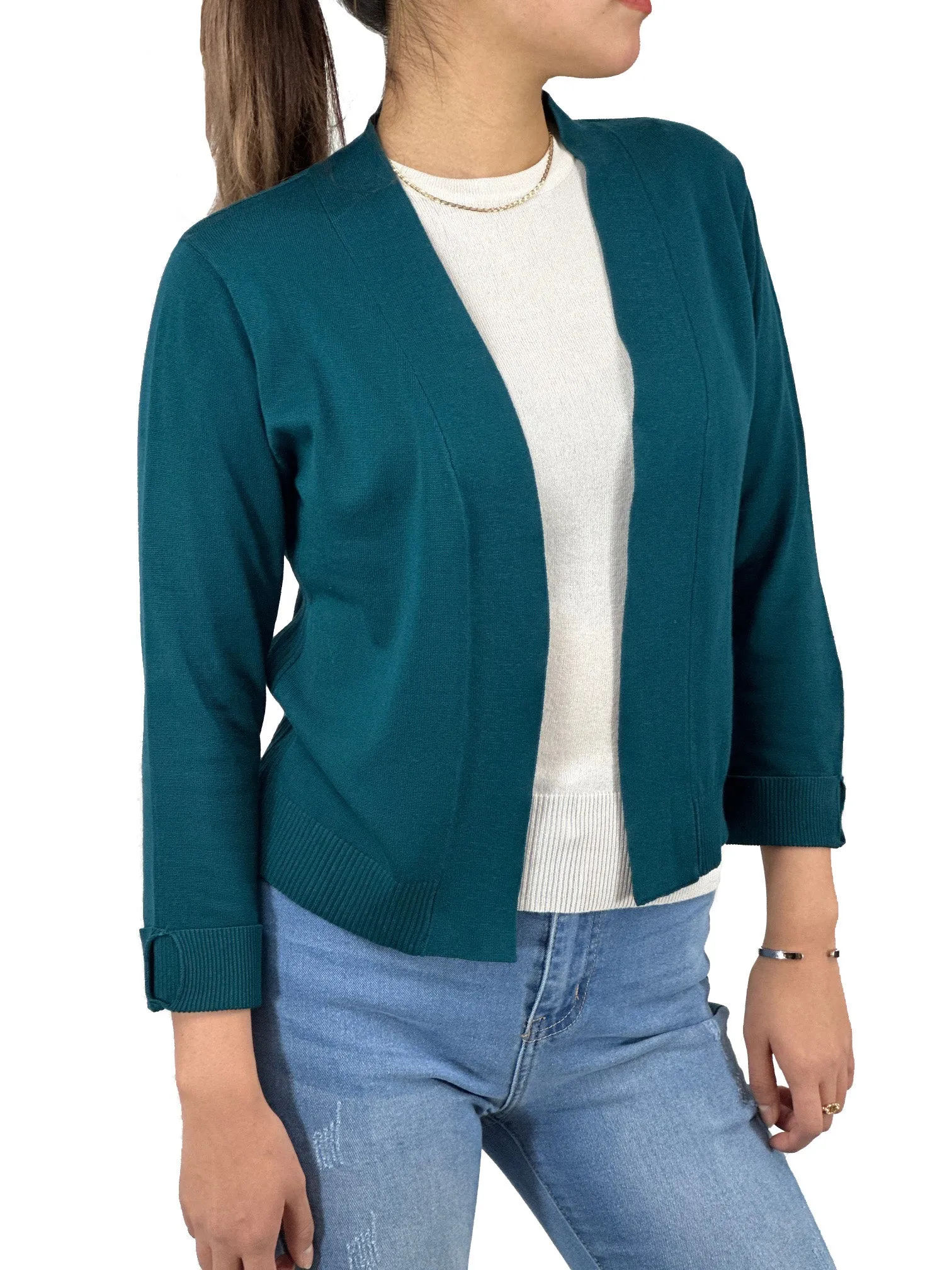 YEMAK Women's Classic 3/4 Sleeve Open Front Cropped Bolero Cardigan MK3558 (S-L)