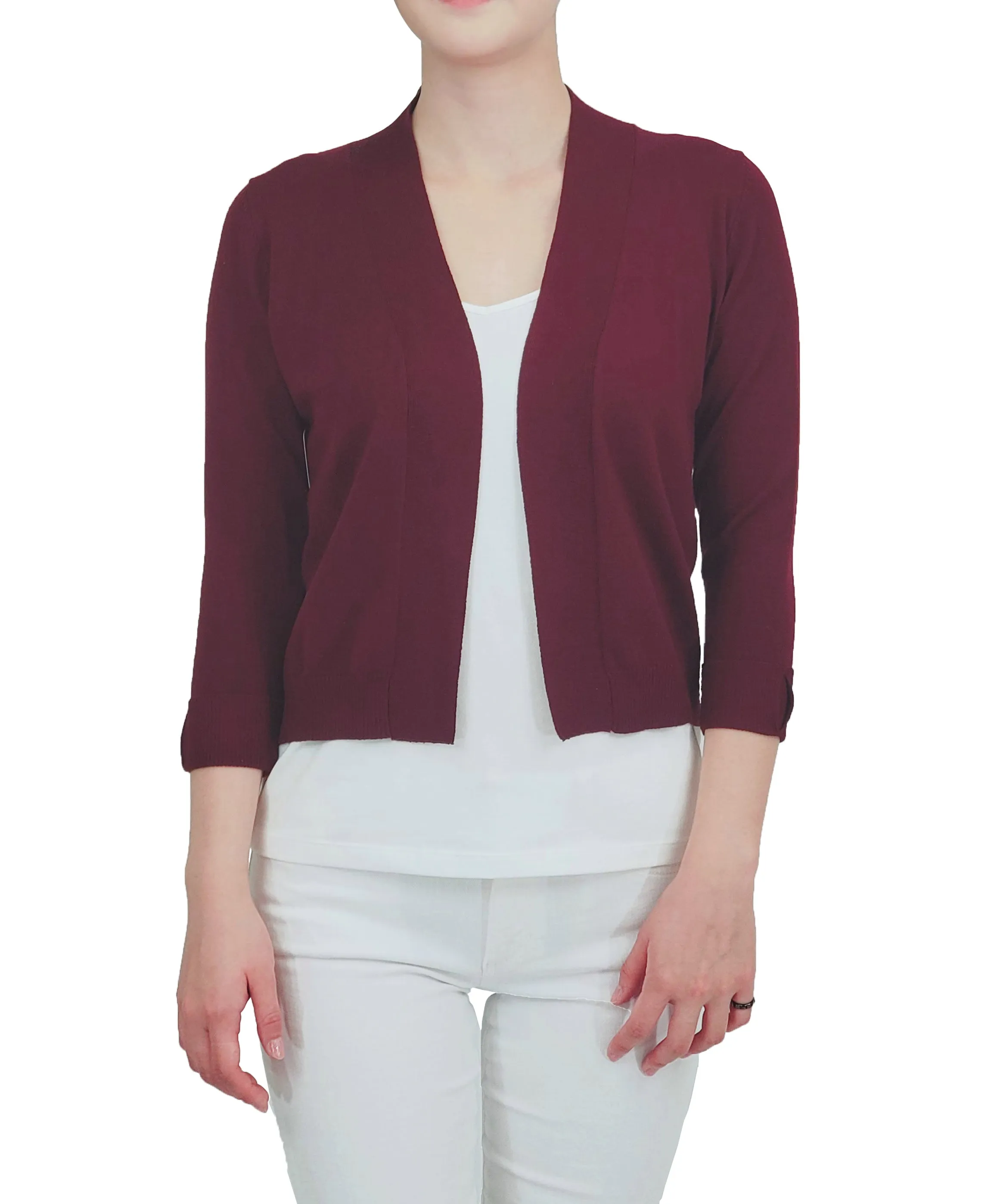 YEMAK Women's Classic 3/4 Sleeve Open Front Cropped Bolero Cardigan MK3558 (S-L)