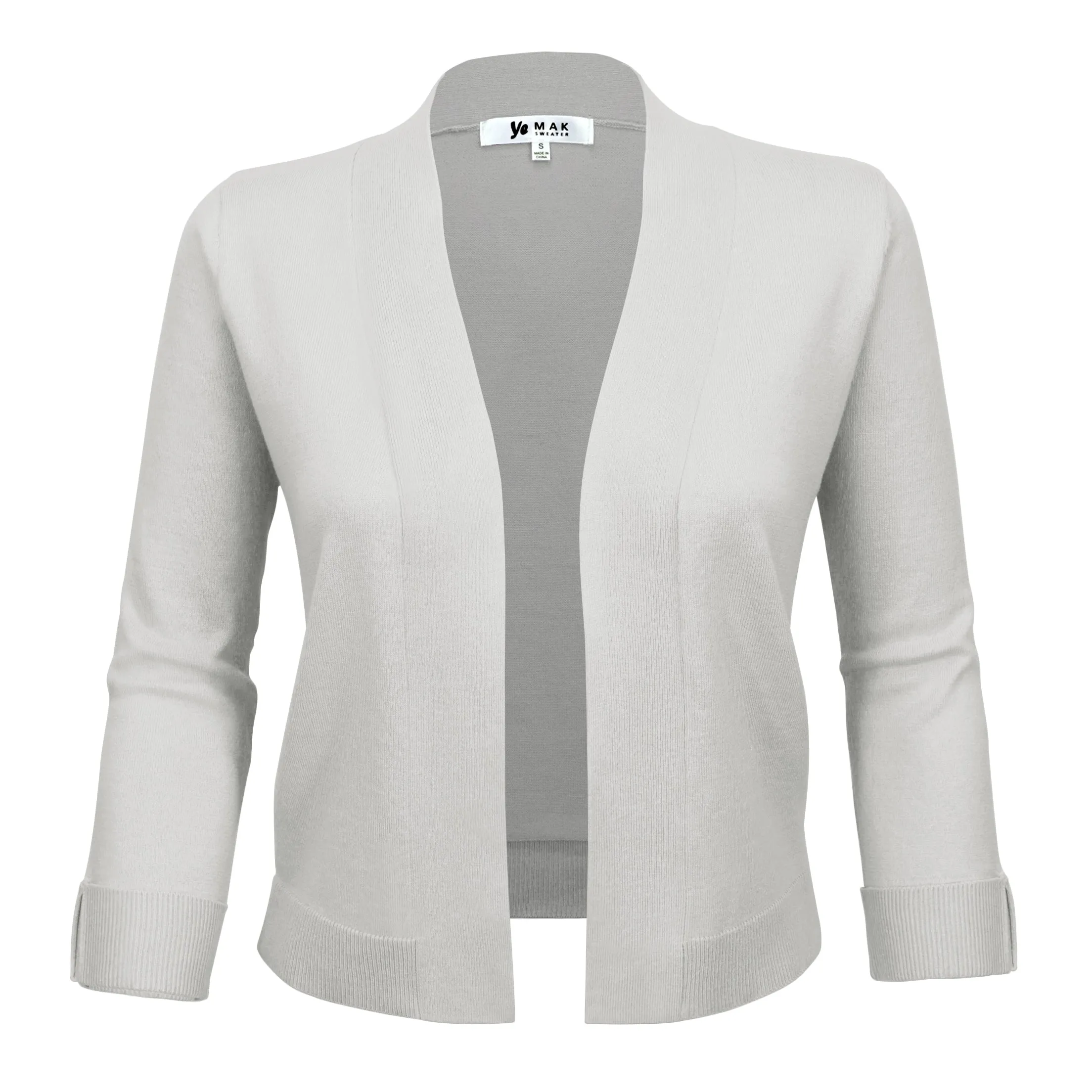 YEMAK Women's Classic 3/4 Sleeve Open Front Cropped Bolero Cardigan MK3558 (S-L)